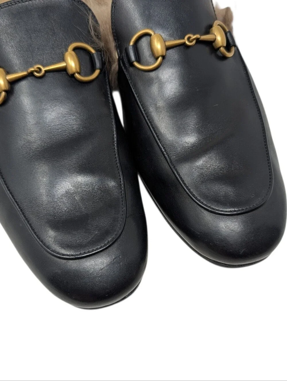 Gucci Men's Black Leather Horsebit Fur Princetown Mule Loafers Size 7